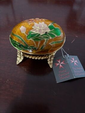 Hand-Painted Pewter Cloisonné Trinket Box - Gold & Green Floral with stand.